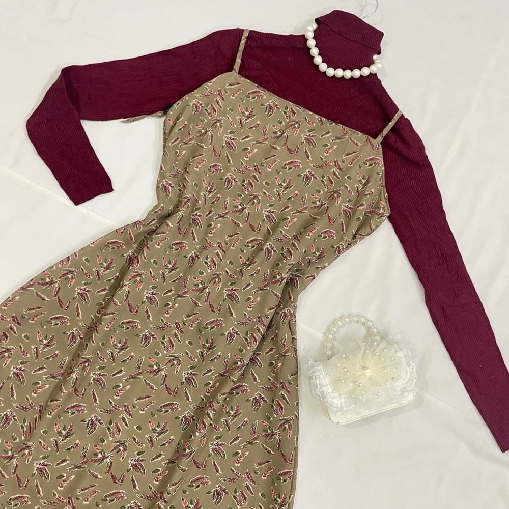 Feather Patterned coffee brown  long midi Dress korean chiffon